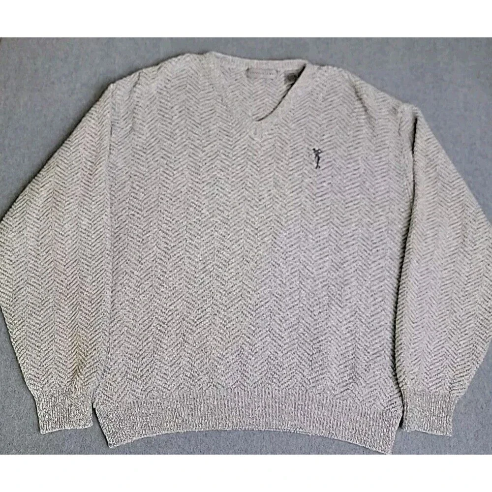 Vtg‎ Cypress Links V Neck Sweater Mens L White Gray Knit Cotton Blend Golf Dad
